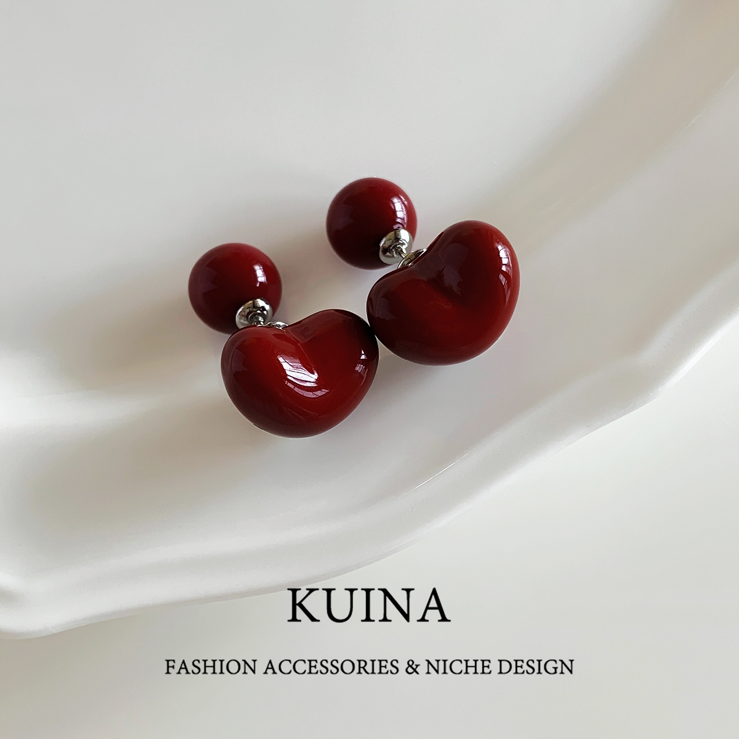 新款气质高级感红色爱心珍珠耳环