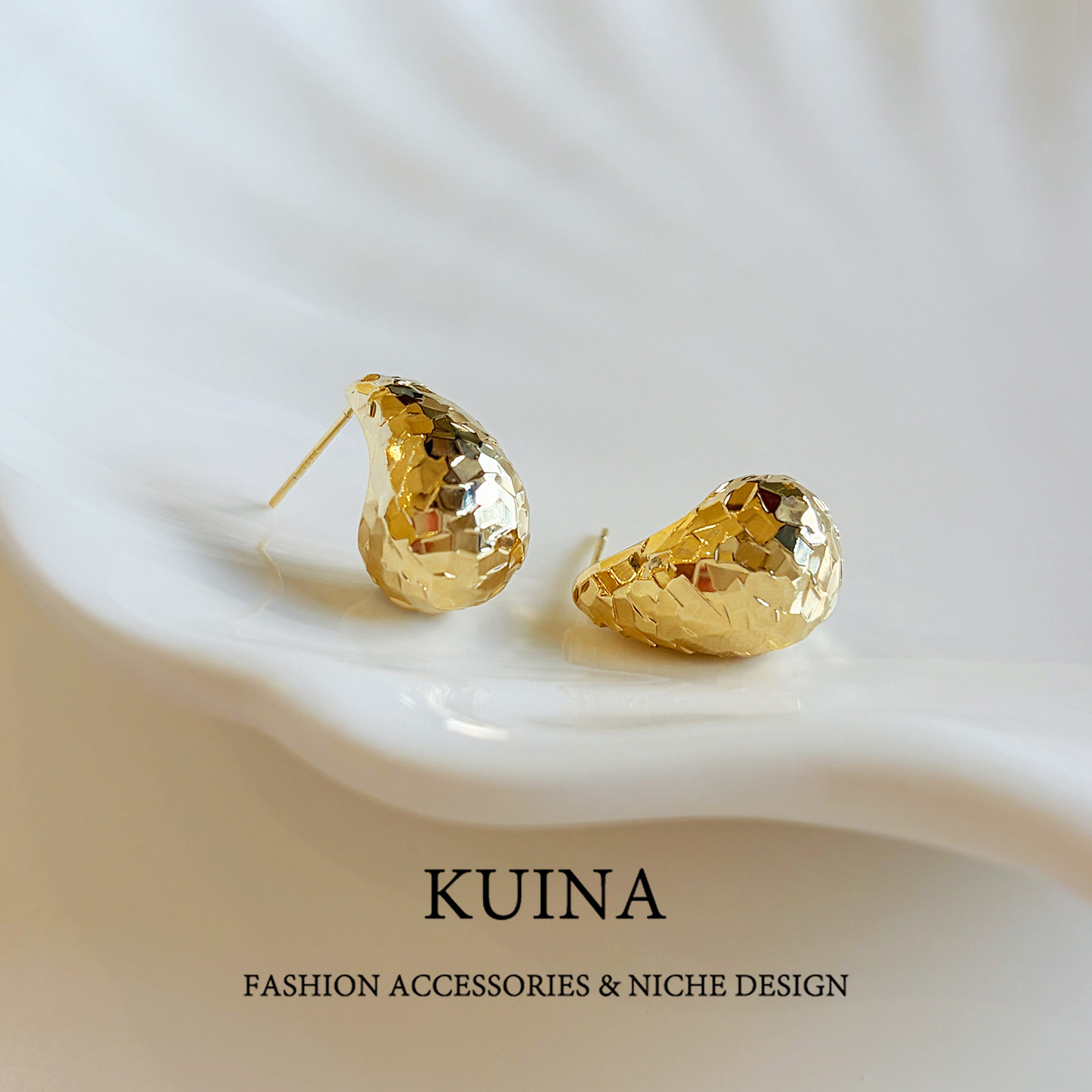 金色碎冰冰水滴耳钉女欧美轻奢大气纯银针耳环新款简约百搭耳饰品