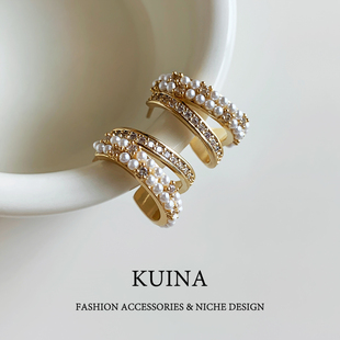 小众轻奢C圈双排镶钻耳钉女珍珠气质高级感圈圈纯银针耳环耳饰品