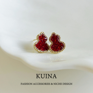 红色水晶葫芦耳钉女轻奢高级感玄学旺财纯银针耳环新款 新年耳饰品