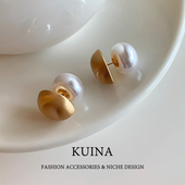 白色珍珠金属双面耳环轻奢高级感纯银针耳饰女士新爆款 气质耳钉