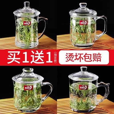 青苹果带盖泡茶杯加厚耐高温大容量玻璃把杯待客家用男士喝茶水杯