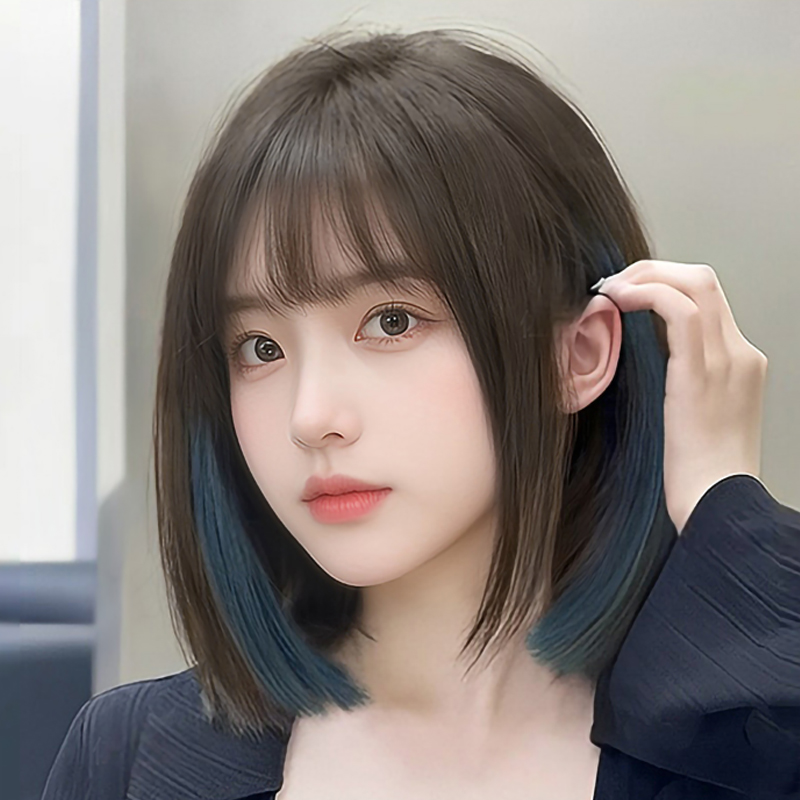 假发女短发自然全头套式r时尚新款挑染雾霾蓝仿真发全真人发假发