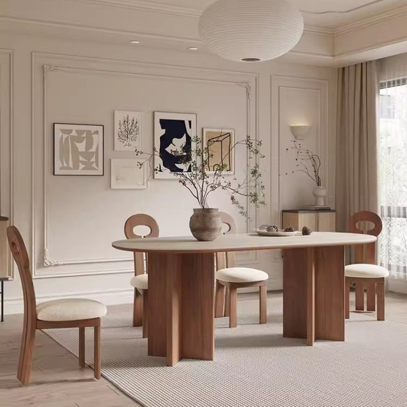 法式风实木岩板餐桌椅组合中古风家庭椭圆形饭桌设计师洞石白蜡木