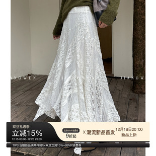 温柔韩系长款 新款 A字半身裙 不规则显瘦弹力蕾丝裙女2025秋季 姜雯