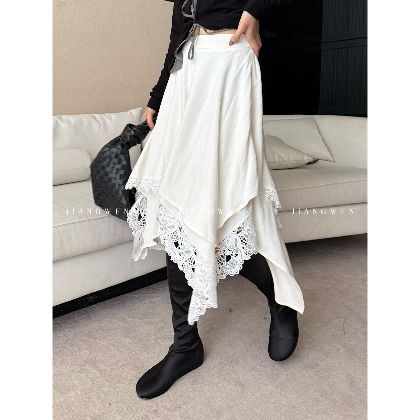 不规则亚麻中裙蕾丝花边半身裙