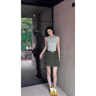 女夏薄款 姜雯ukilau工装 军绿色短裤 裙牛仔裙a字短款 高腰辣妹 美式