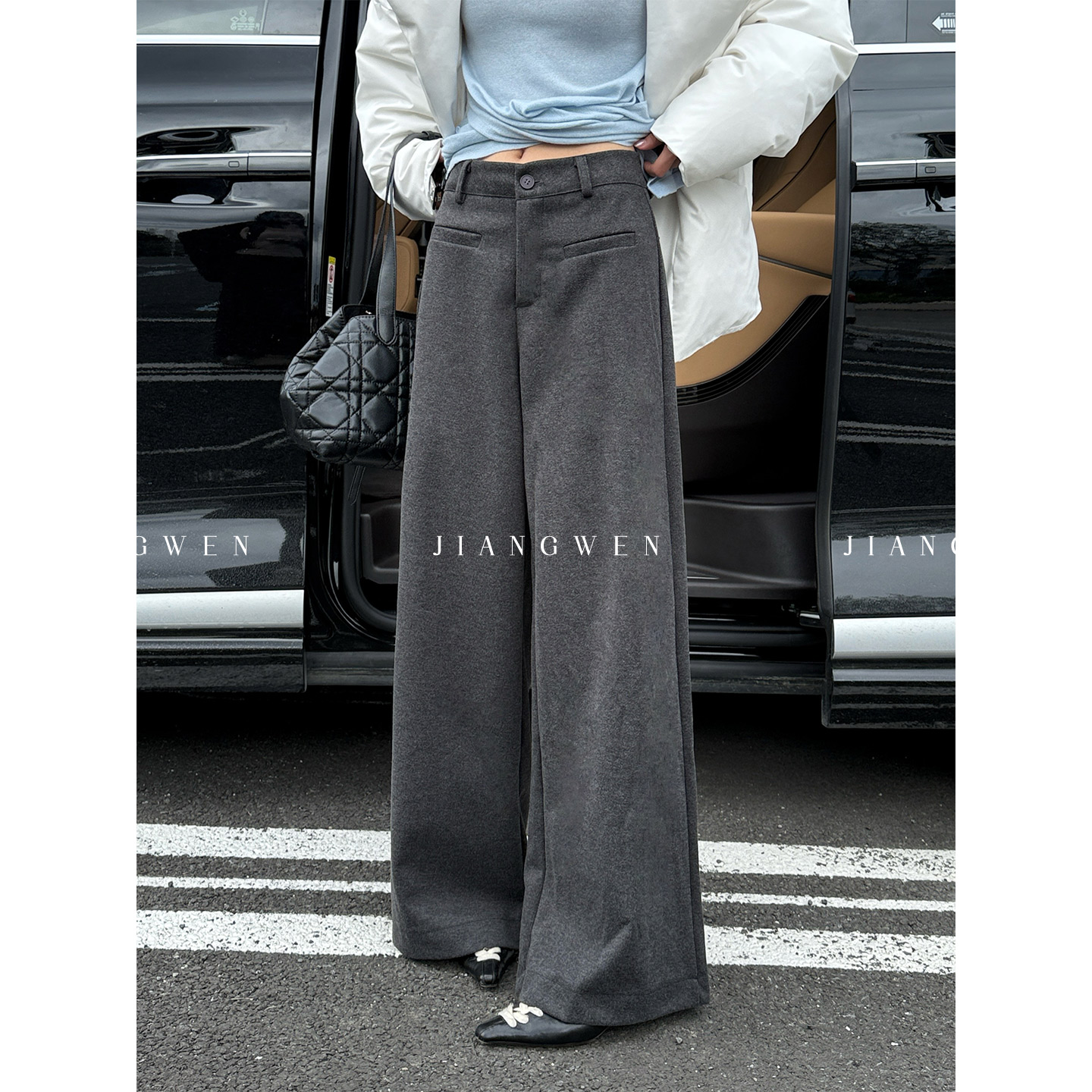 姜雯百搭通勤高腰直宽松休闲裤