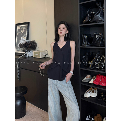 演唱会穿搭吊带黑色小众设计感上衣女夏外穿无袖v领背心飘带高级