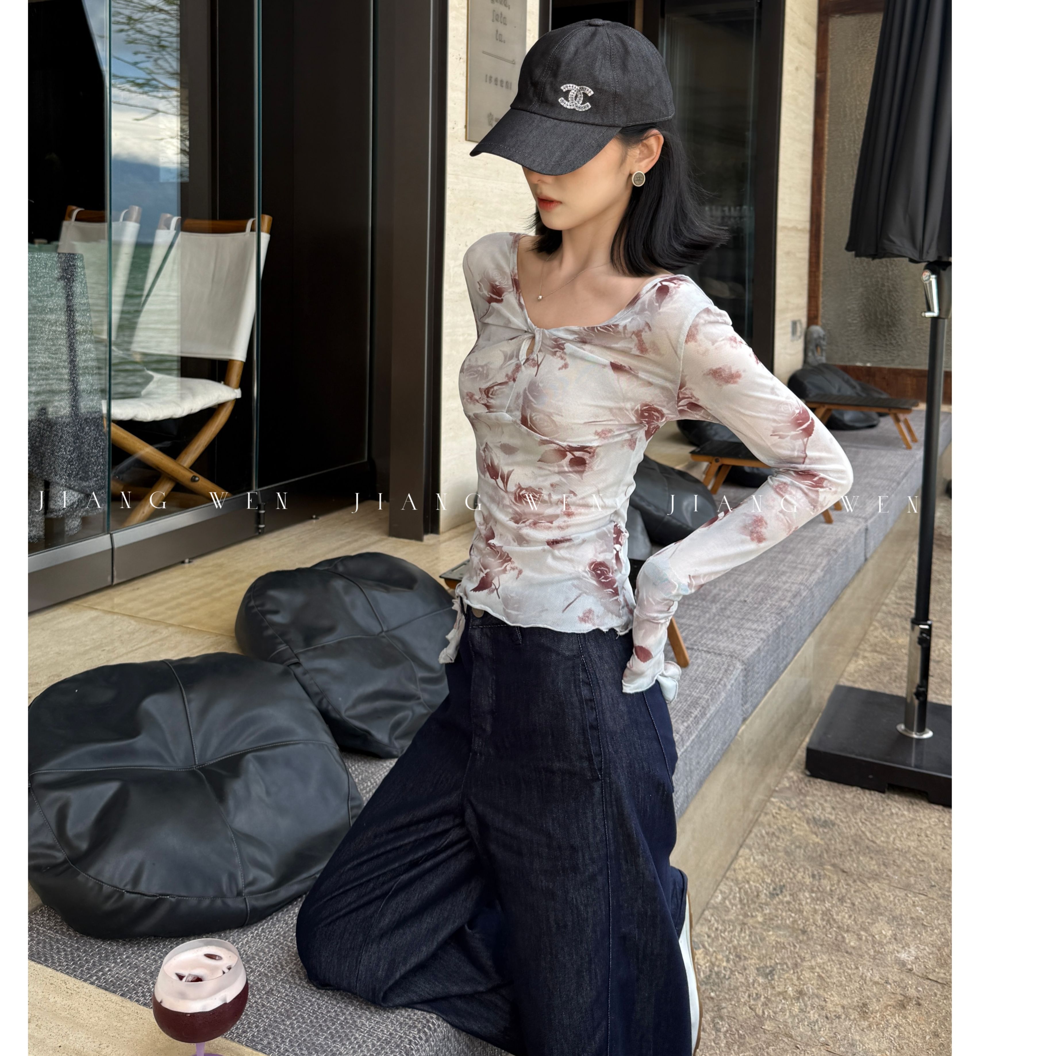 网纱碎花打底衫女V领上衣长袖防晒衣轻薄微透扎染印花小衫外穿夏