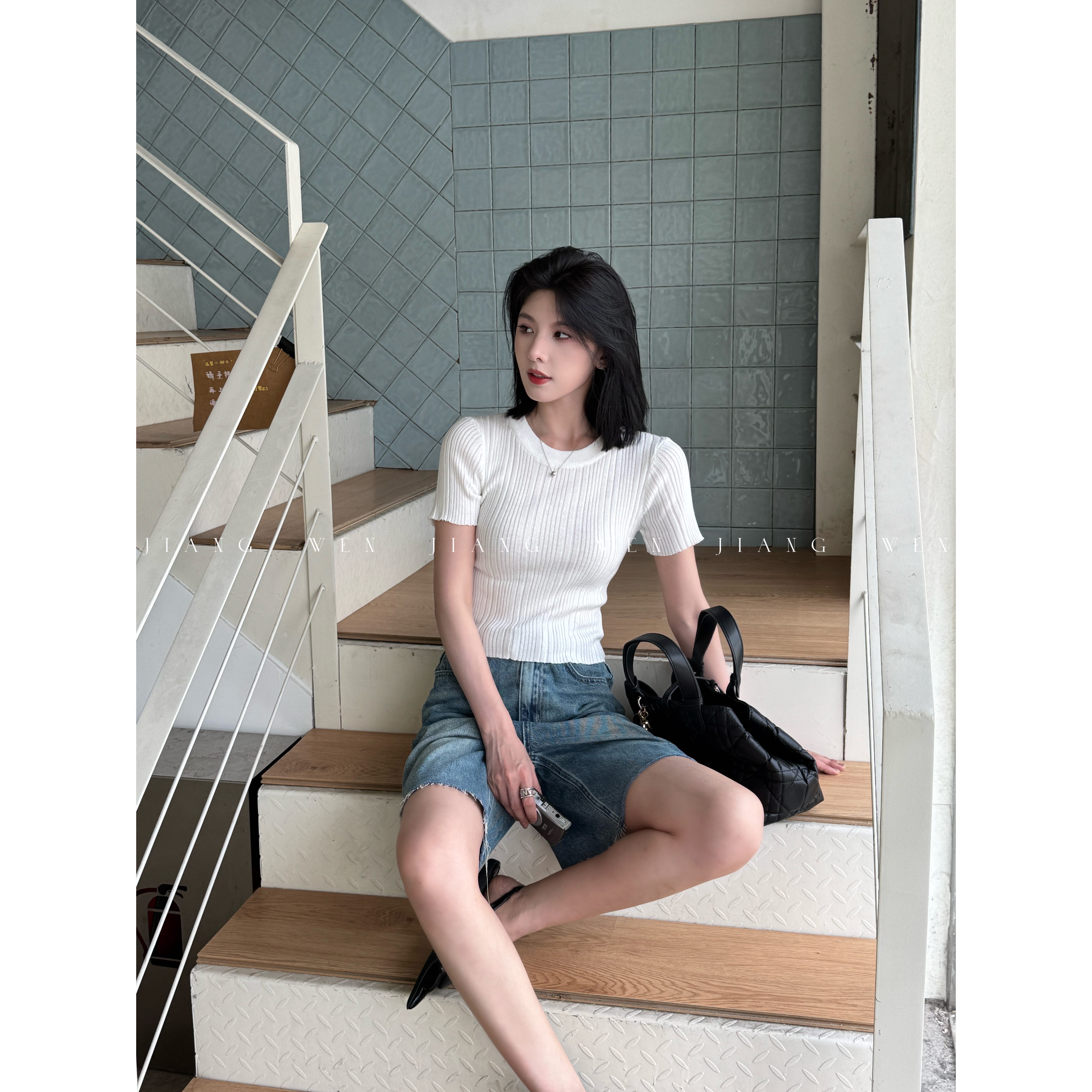 姜雯7.7上新jennie同款*“莱塞尔”圆领正肩修身显瘦针织短袖T恤
