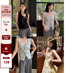 小香风针织开衫 背心短款 圆领上衣女夏外穿高级感 黑色无袖 姜雯法式