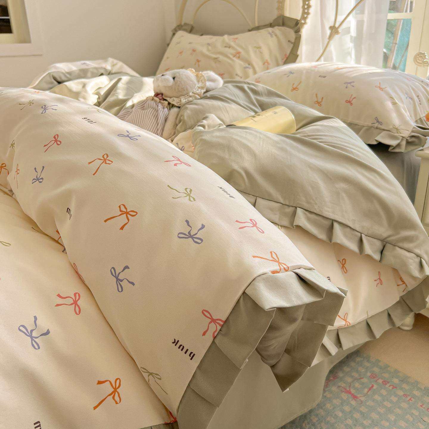 花花边款针南边针织双层纱四件套公主风花边款被套通床品上用床单