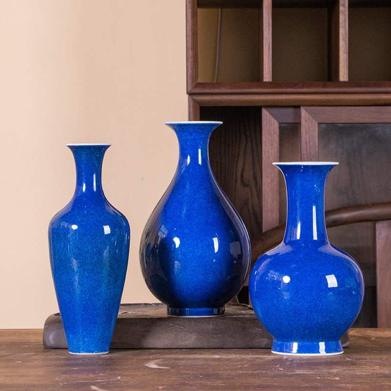 仿古霁蓝色高档景德镇红釉柴窑味底陶瓷花瓶装饰摆件博古架收藏品