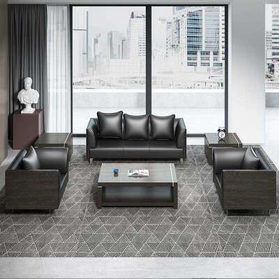 约现代商务接沙发会客几-164121组合套装待办公沙发黑色皮茶简质