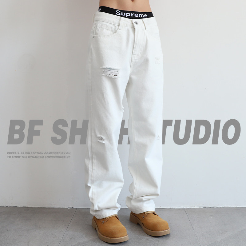 美式2026夏季乞丐个性破洞白色牛仔裤男士潮牌休闲宽松直筒长裤子