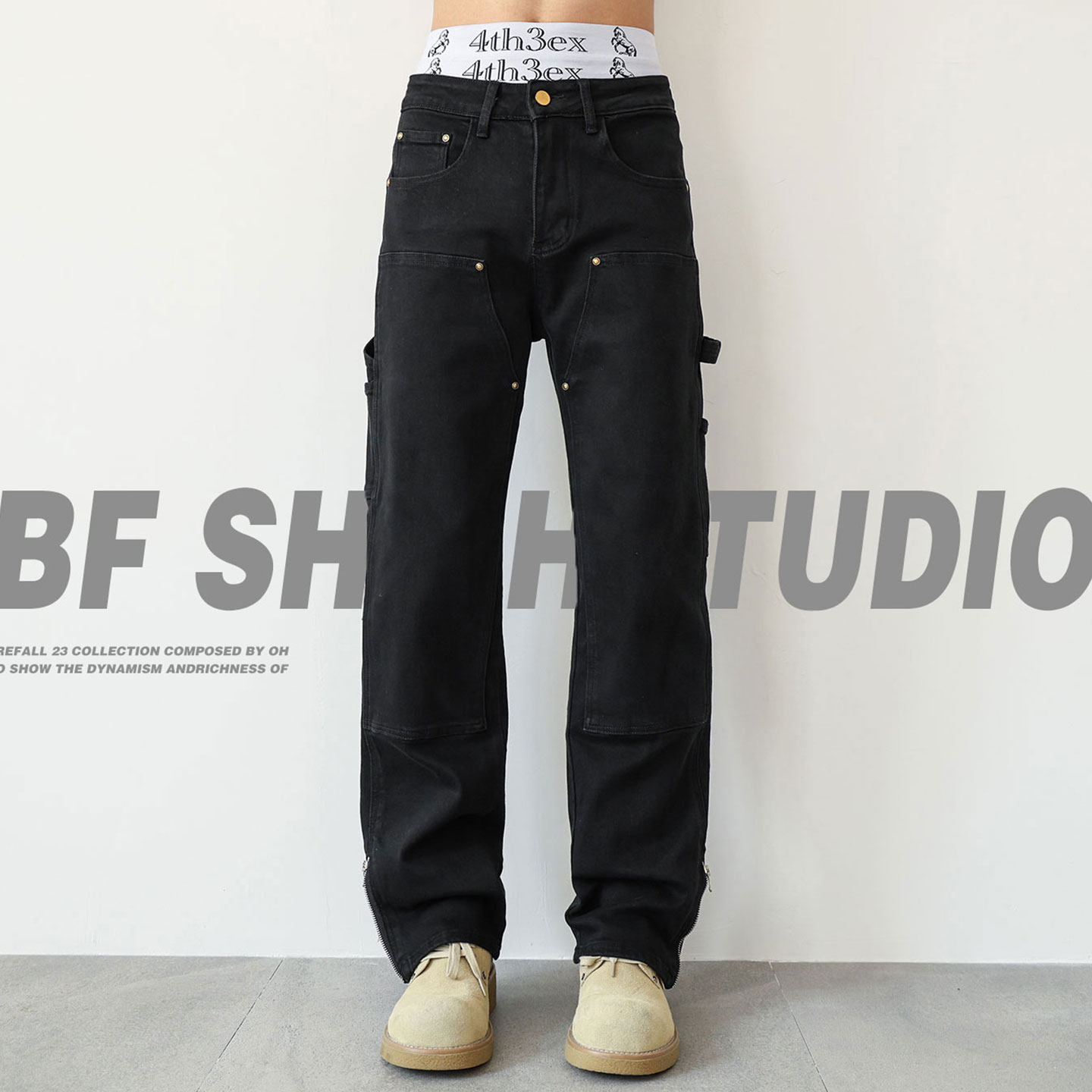 黑色工装牛仔裤男款春季美式休闲2026新款宽松直筒拼接柳钉长裤子