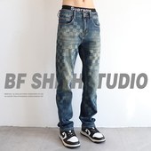 男款 新款 潮牌高端马赛克印花修身 棋盘格子加绒牛仔裤 直筒秋冬长裤