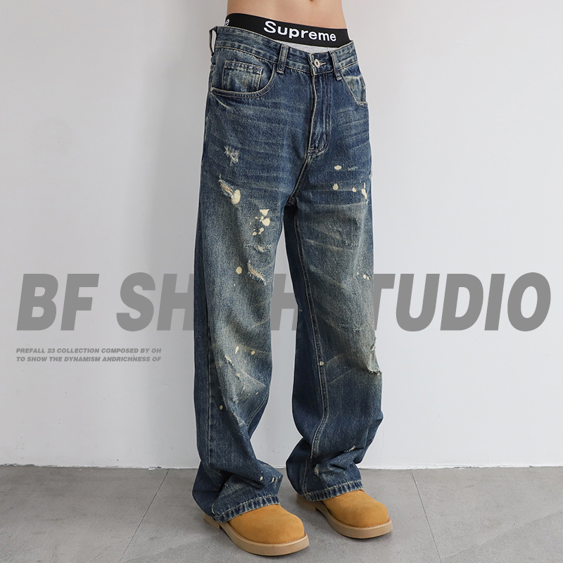 秋季泼墨阔腿裤2025新款破洞牛仔裤男款美式高街工装宽松直筒长裤