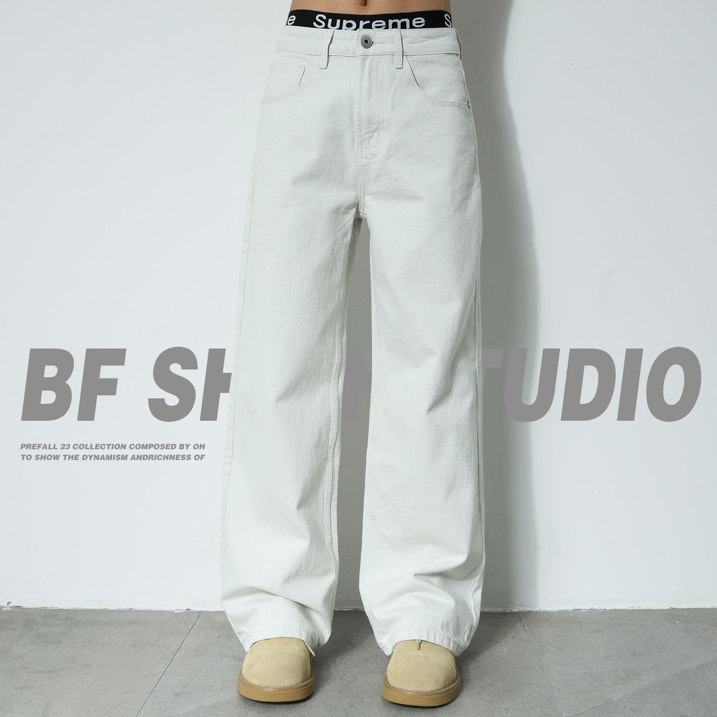 美式高街男士米色牛仔裤2025潮牌高端新款宽松直筒水洗休闲裤长裤