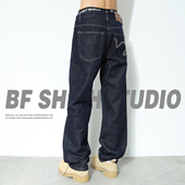 潮牌刺绣丹宁拼接原色牛仔裤 新款 男士 宽松直筒裤 美式 长裤 2026春季