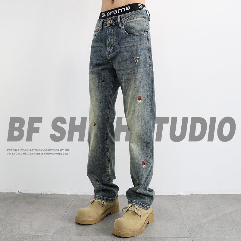 高端字母刺绣男士牛仔裤潮牌爆款