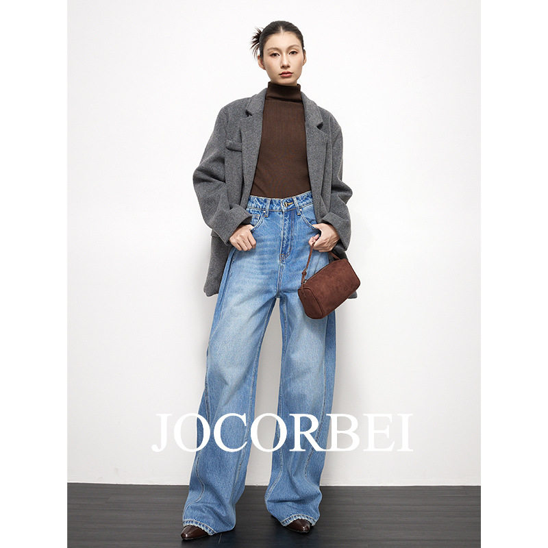 牛仔裤JOCORBEI慵懒松弛感阔腿牛仔裤女宽松显瘦休闲老钱风拖地裤