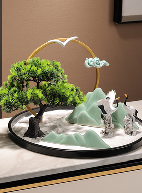 新中式酒店大圆桌圆形转盘摆件迎客松餐桌中间摆花装饰品微缩景观