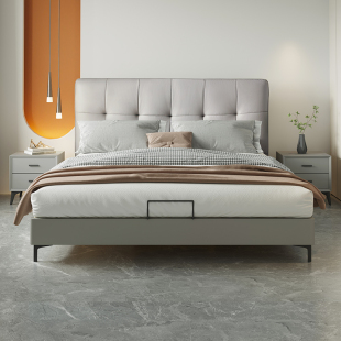 双虎轻奢奶油风真皮床实木主卧大床现代简约双人软包齐边床23659Z