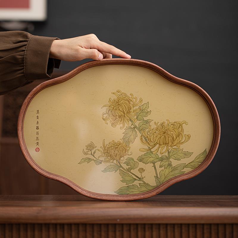 中式花海棠玻璃茶托点盘复古竹制茶简约家盘海棠花托用茶室水果心