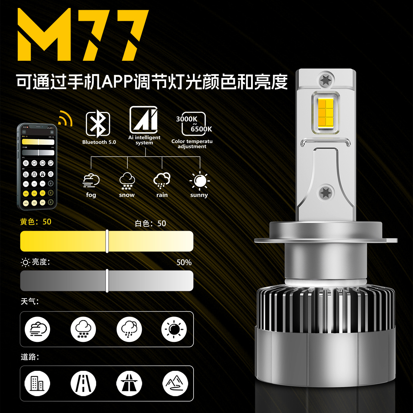 手机智能APP控制激光大灯三色光