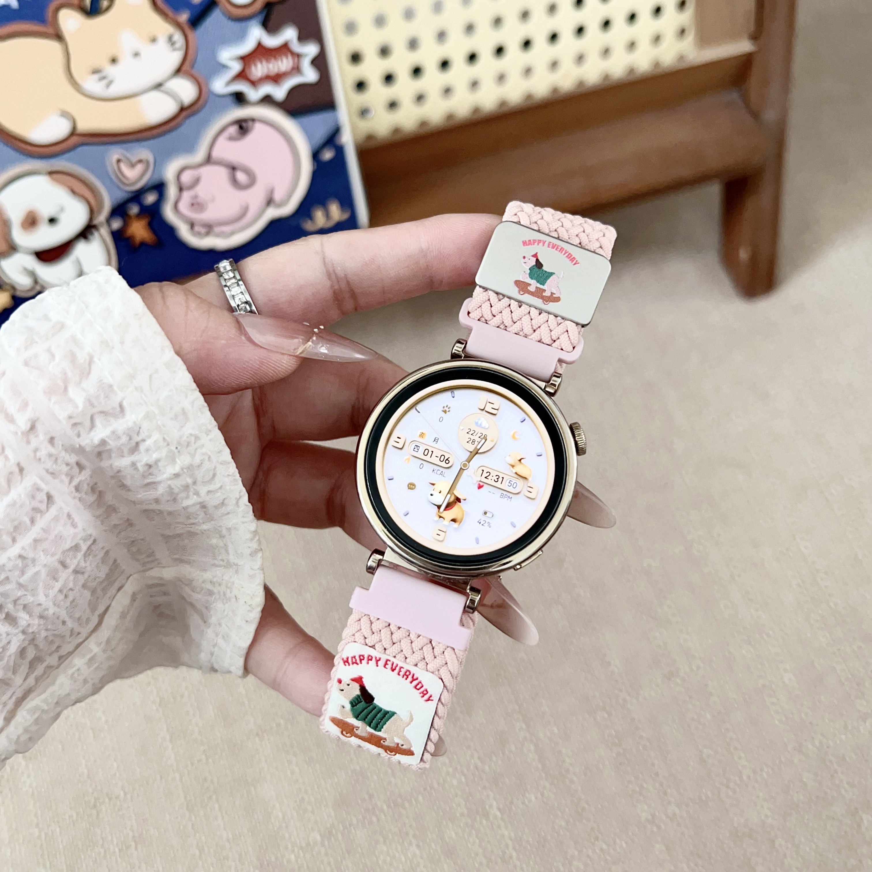 适用OPPO Watch X2 Mini编织表带女款小金表运动凯蒂猫kitty磁吸腕带华为GT4 41mm夏季防水GT5pro高级时尚