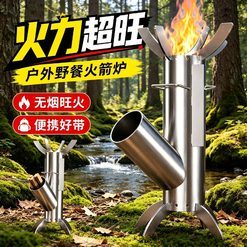 火箭炉户外柴火灶露营野炊炉具家用烧木柴节能猛火灶煮茶炒菜通用