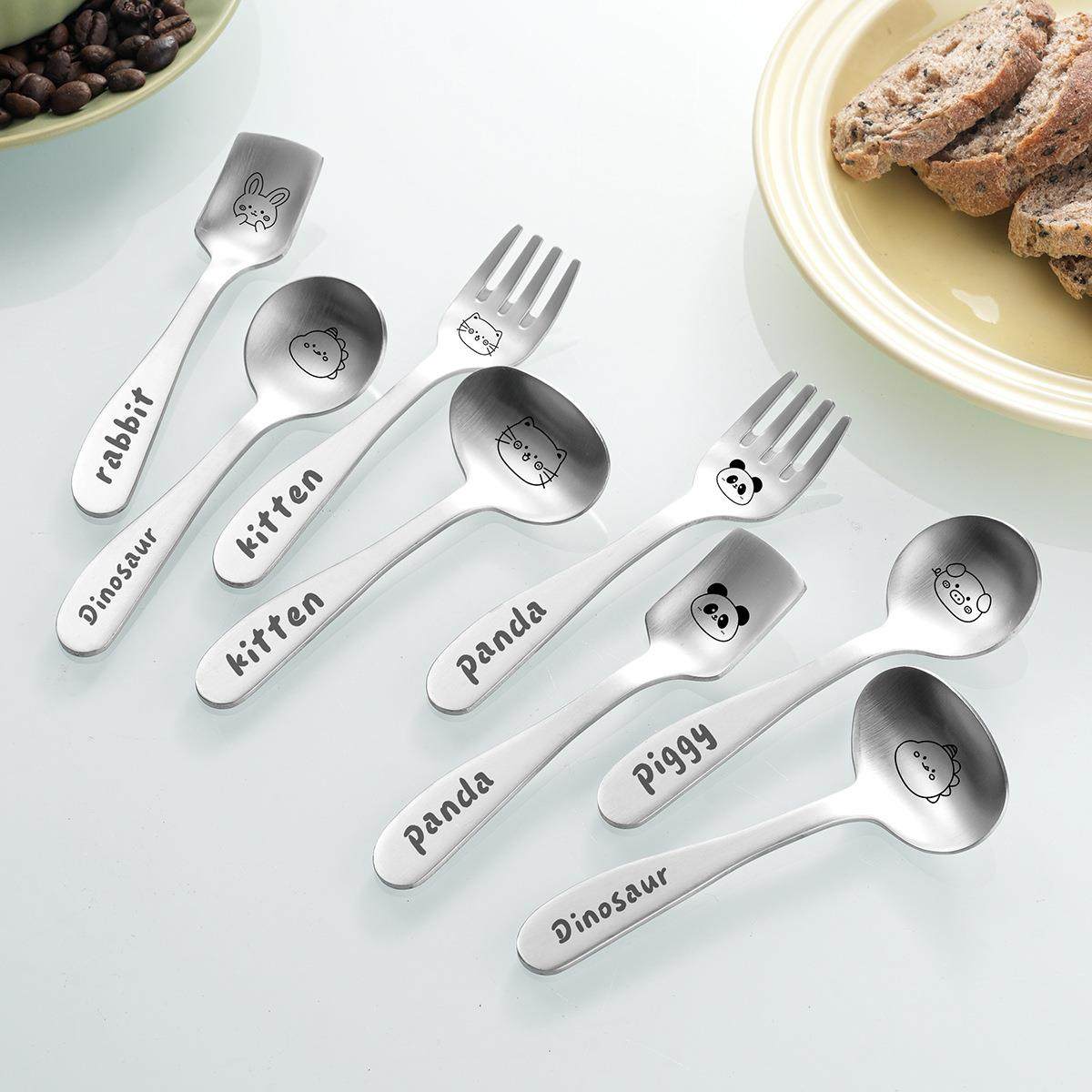 304不锈钢甜品勺创意可爱小勺子叉子卡通儿童圆勺调羹砂光雪糕勺