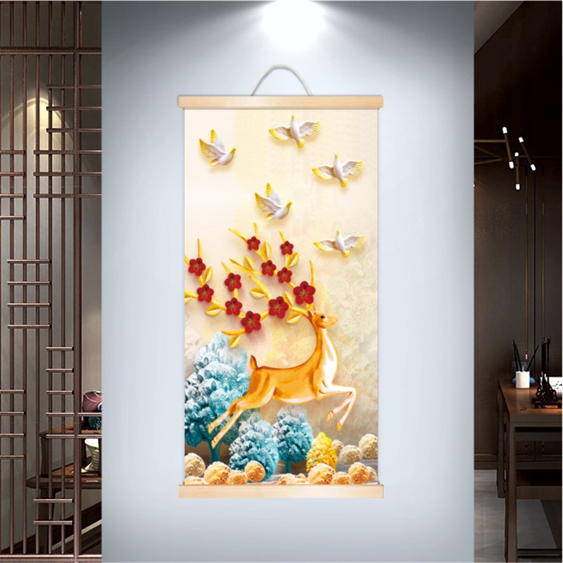 欧式入户玄关墙面装饰现代简约过道走廊装饰画麋鹿实木卷轴挂画图片