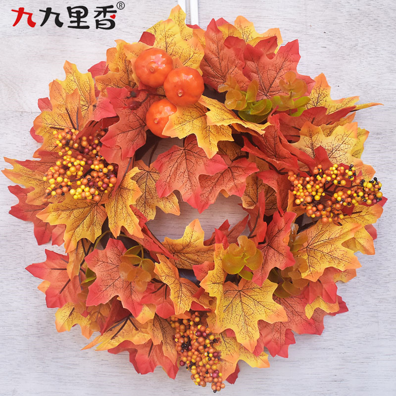 跨境美式万圣节丰收节枫叶花环门南瓜挂饰浆果秋季南瓜花环门饰