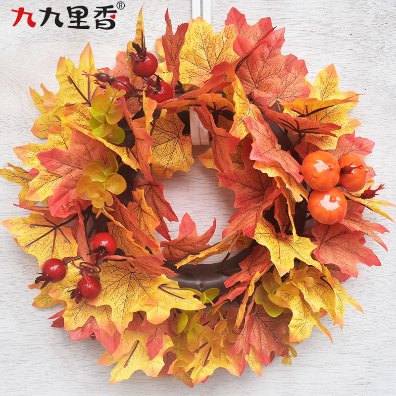 跨境美式万圣节丰收节枫叶花环门南瓜挂饰浆果藤圈秋季花环门饰
