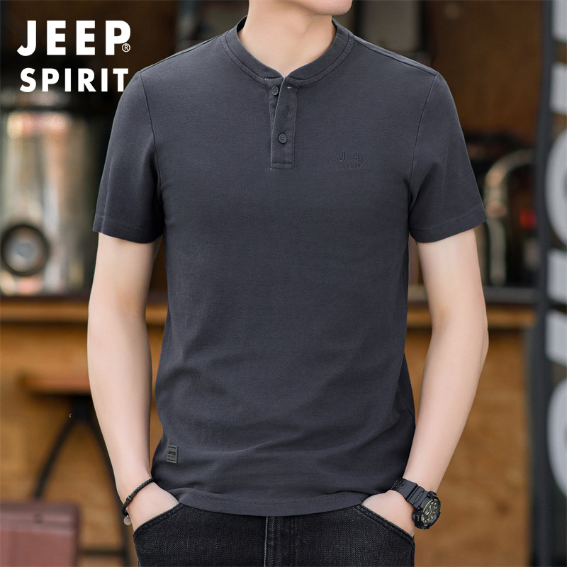JEEP吉普2024夏新款男三粒扣珠地棉圆领粒扣半袖T恤水洗短袖5292