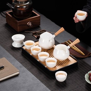 便携侧把壶杯整套 羊脂玉旅行茶具陶瓷盖碗茶壶杯白瓷家用简约中式