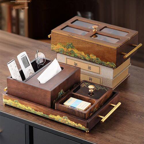 纸巾盒胡桃色实木客厅档茶几收纳盒烟灰缸托盘套装新中式抽纸盒