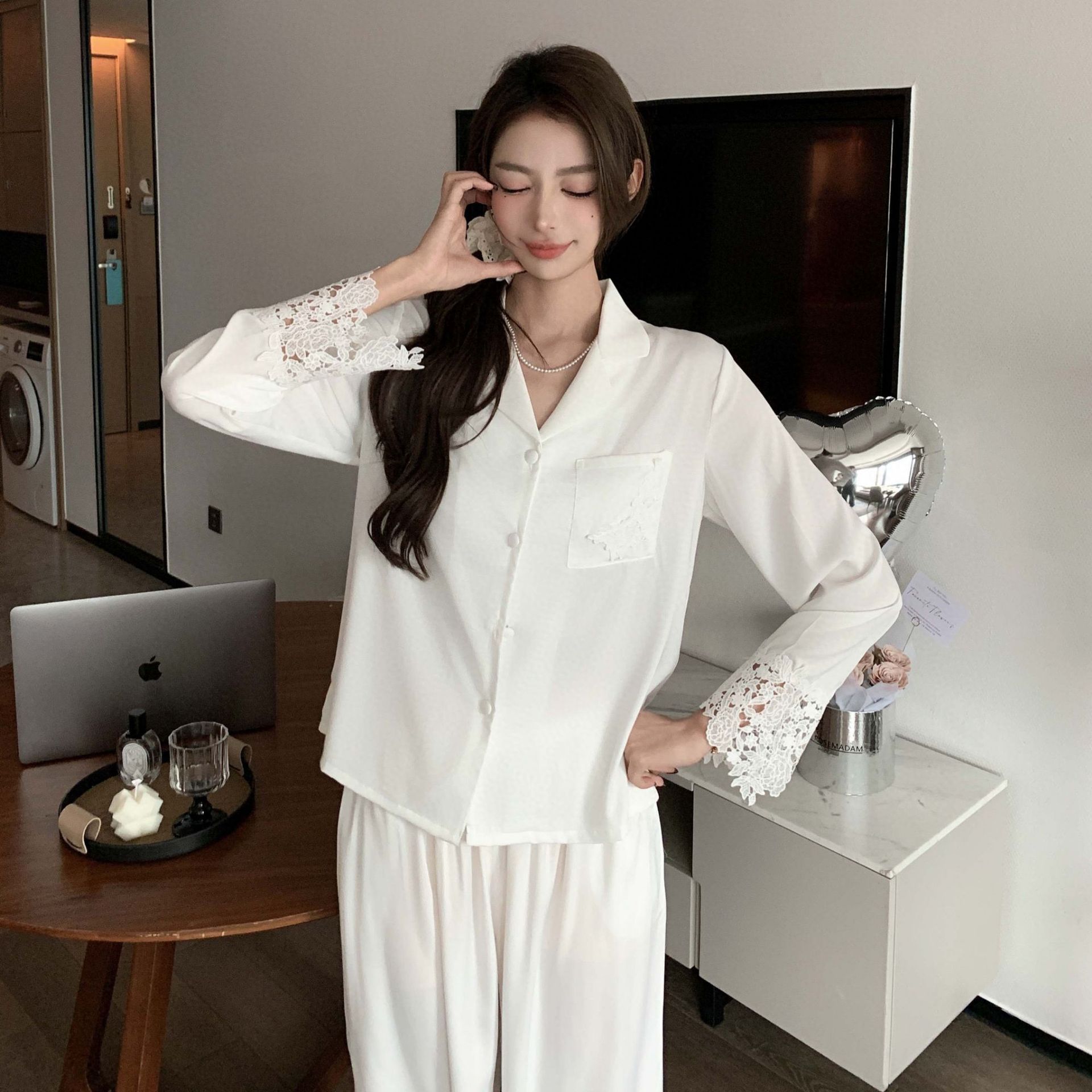 蕾丝醋酸缎面冰丝睡衣女春秋少女夏季高级感甜美家居服套装