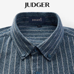 【色织纯棉】庄吉男士长袖衬衫2025秋冬款条纹翻领磨毛保暖衬衣