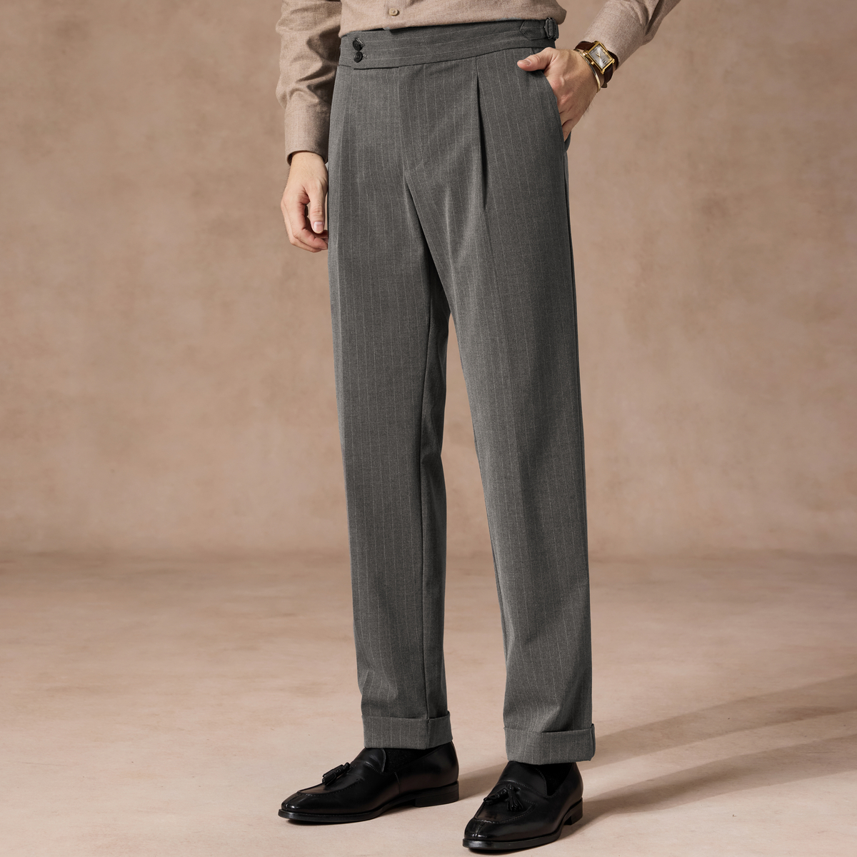 【英式复古】庄吉男士休闲裤2025秋冬款条纹那不勒斯腰直筒长裤子