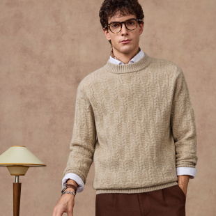 100%绵羊毛 2025秋冬款 绞花工艺 羊毛衫 圆领套头毛衣 庄吉男士