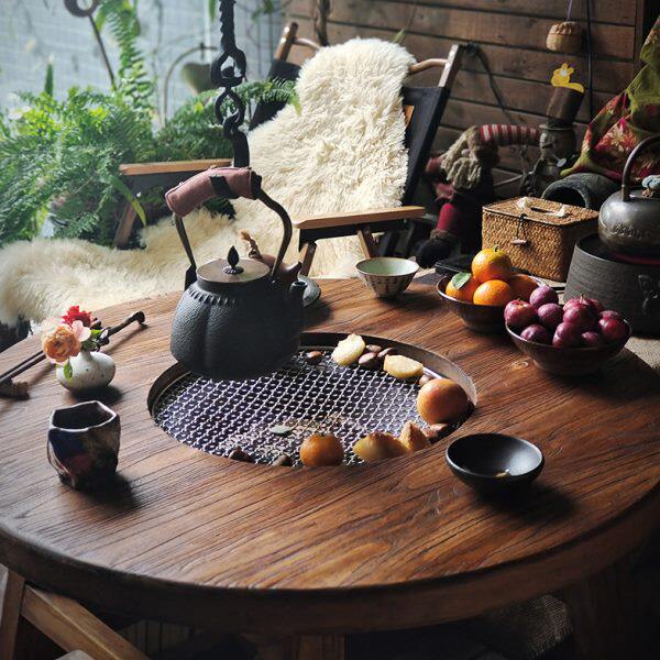 围炉茶桌老榆木围炉煮茶圆形矮桌禅意家用小茶台实木火锅桌佗寂风