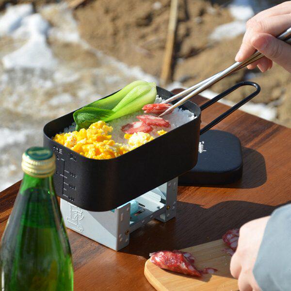 便捷式餐野营野炊蒸煮野铝便当盒饭盒户外日式黑色饭盒露营铝合金