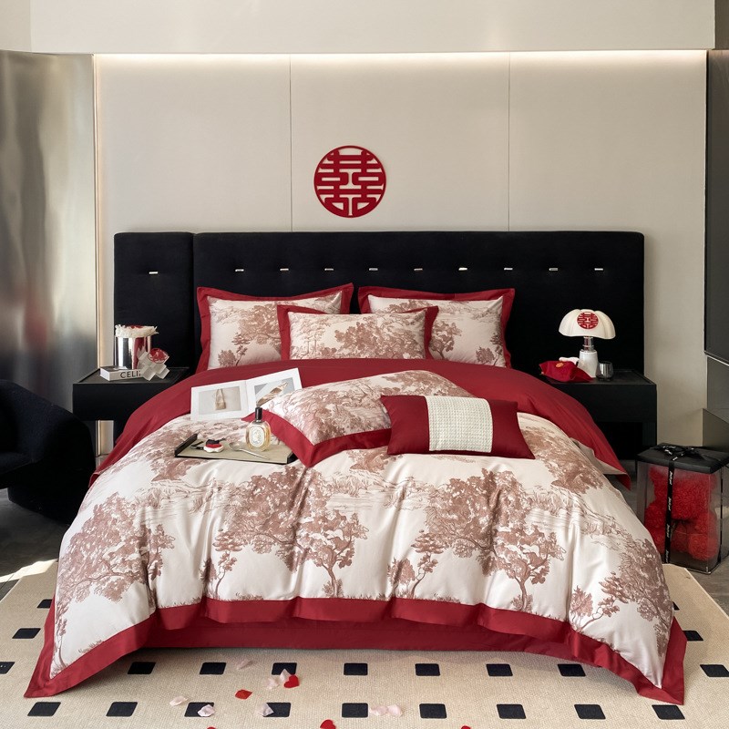 新中式婚庆100支澳棉四件套数码印花被套床单酒红色古典床上用品