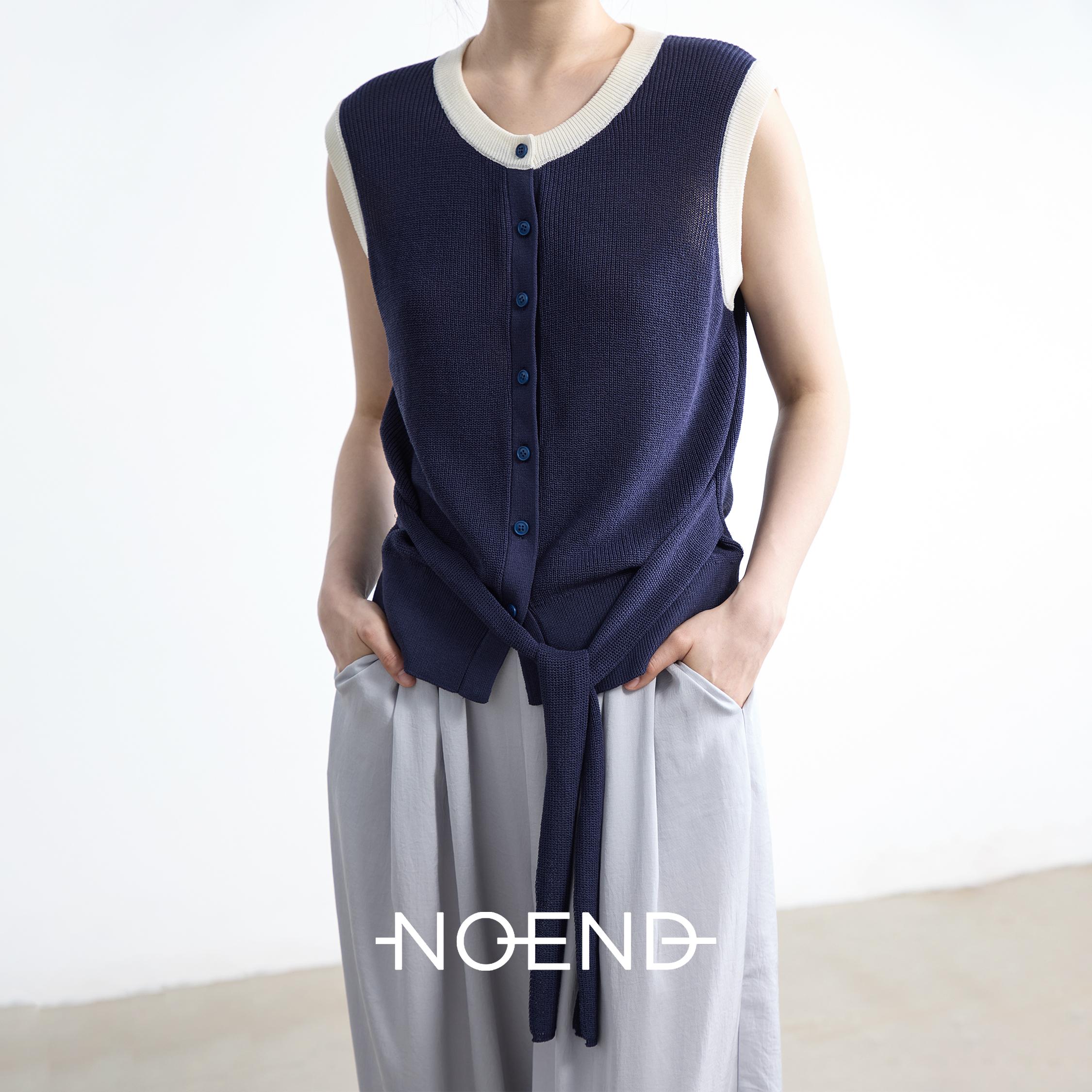 NOEND25SS 天丝亚麻系带撞色针织无袖马甲背心