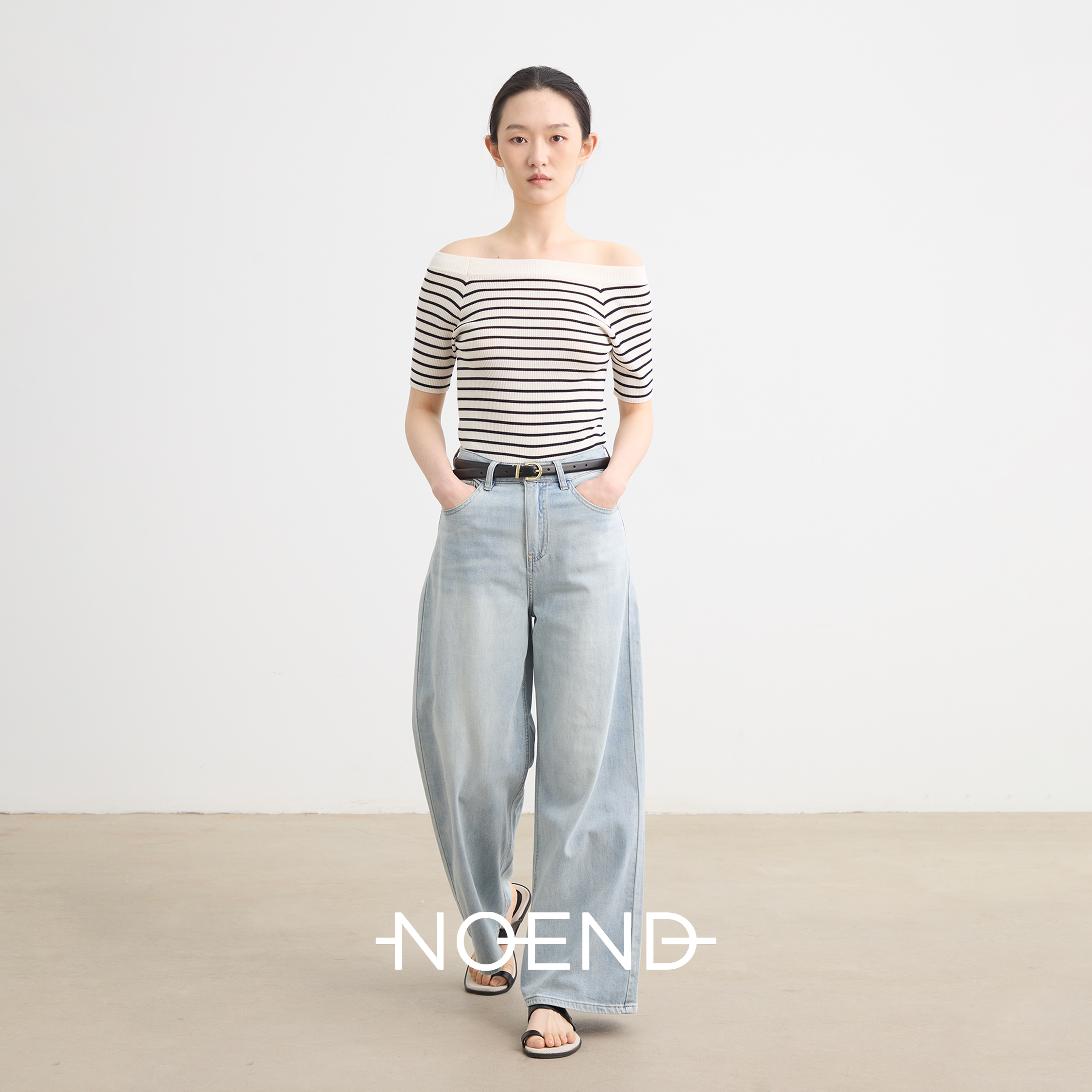 NOEND25SS 怀旧浅蓝色松弛感高腰直筒宽松长裤