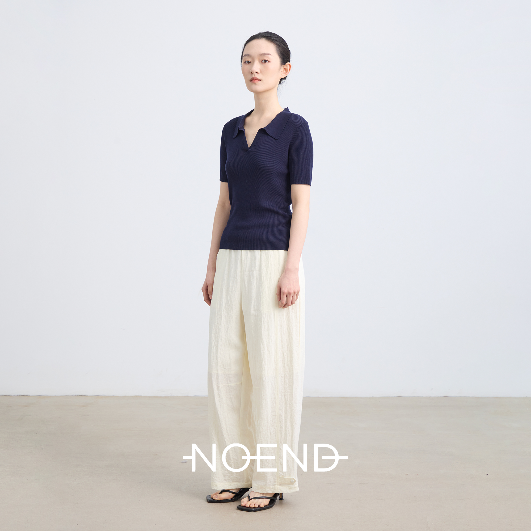 NOEND25SS 【李静 同款】清凉透气天丝极简POLO领短袖针织上衣